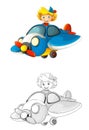 Cartoon scene with sketch with kid in toy traditional plane with propeller flying - illustration Royalty Free Stock Photo