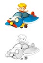 Cartoon scene with sketch with kid in toy traditional plane with propeller flying - illustration Royalty Free Stock Photo