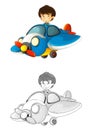 Cartoon scene with sketch with kid in toy traditional plane with propeller flying - illustration Royalty Free Stock Photo