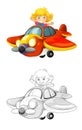 Cartoon scene with sketch with kid in toy traditional plane with propeller flying - illustration Royalty Free Stock Photo