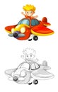 Cartoon scene with sketch with kid in toy traditional plane with propeller flying - illustration Royalty Free Stock Photo