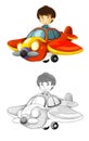 Cartoon scene with sketch with kid in toy traditional plane with propeller flying - illustration Royalty Free Stock Photo