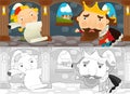 Cartoon scene with sketch with king and warriors in the castle - illustration