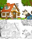 Cartoon scene with sketch with wolf near farm ranch house - illustration