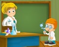 Cartoon scene with smart child teacher standing and having fun with science near the blackboard