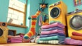 A cartoon scene of a sock soloist performing a power ballad on top of a pile of folded laundry