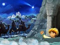 Cartoon scene with some boy in hidden cave entrance seeing three riders
