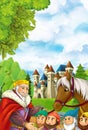 Cartoon scene of some miners or dwarfs near big and colorful castle - king and horse Royalty Free Stock Photo