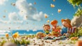 Cartoon scene of a tiny family having a picnic on Lilliputian Beach complete with miniature sandwiches and a tiny picnic