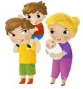 cartoon scene with two brothers and mother with toddler illustration for children