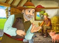 Cartoon scene with two farmers ranchers or disguised prince and older farmer in the barn pigsty Royalty Free Stock Photo