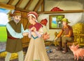 Cartoon scene with two farmers ranchers or disguised prince and older farmer in the barn pigsty