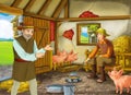 Cartoon scene with two farmers ranchers or disguised prince and older farmer in the barn pigsty