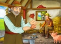 Cartoon scene with two farmers ranchers or disguised prince and older farmer in the barn pigsty