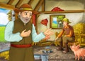 Cartoon scene with two farmers ranchers or disguised prince and older farmer in the barn pigsty Royalty Free Stock Photo