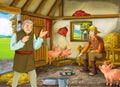 Cartoon scene with two farmers ranchers or disguised prince and older farmer in the barn pigsty Royalty Free Stock Photo