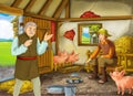 Cartoon scene with two farmers ranchers or disguised prince and older farmer in the barn pigsty