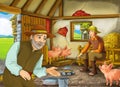 Cartoon scene with two farmers ranchers or disguised prince and older farmer in the barn pigsty