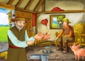 Cartoon scene with two farmers ranchers or disguised prince and older farmer in the barn pigsty