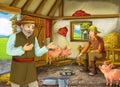 Cartoon scene with two farmers ranchers or disguised prince and older farmer in the barn pigsty