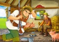 Cartoon scene with two farmers ranchers or disguised prince and older farmer or forester or hunter in the barn pigsty Royalty Free Stock Photo