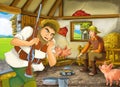 Cartoon scene with two farmers ranchers or disguised prince and older farmer or forester or hunter in the barn pigsty