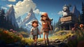 Cartoon scene with two kids hiking in the mountains - illustration for children