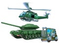 cartoon scene with two military army cars vehicles tank cistern with forklift and flying machine helicopter mechanical soldiers Royalty Free Stock Photo