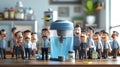 Cartoon scene of an upsidedown water cooler with a line of employees eagerly waiting for a drink from the bottom spout