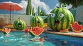 Cartoon scene of a watermelon lifeguard blowing a whistle at a group of watermelons trying to sneak in snacks by the