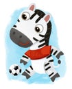 cartoon scene with wild animal zebra horse running with ball, football soccer like human on white background illustration for Royalty Free Stock Photo