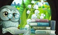 Cartoon scene wise owl in tree with house books city