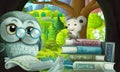 Cartoon scene wise owl in tree with house books city