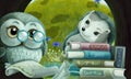 Cartoon scene wise owl in tree house reading books with friends illustration