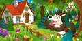 Cartoon scene with wolf in the forest near beautiful wooden farm house