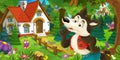 Cartoon scene with wolf in the forest near beautiful wooden farm house