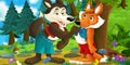 Cartoon scene of a wolf and a fox talking to each other - wolf is threatening to the fox