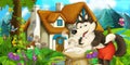 Cartoon scene with wolf near village house with a sack full of flour Royalty Free Stock Photo