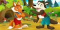 Cartoon scene of a wolf visiting fox - they are talking