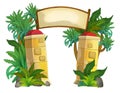 cartoon scene with wooden entrence ark for the zoo or something with pillars similar with nature elements illustration for chidren