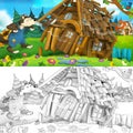 Cartoon scene of wooden house being demolished
