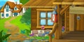 Cartoon scene wooden house on farm ranch illustration