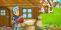 cartoon scene with wooden windmill farm ranch house in the village knight prince illustration for children