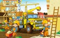 Cartoon scene with workers on construction site - builders doing different things