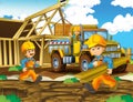 Cartoon scene with workers on construction site - builders doing different things