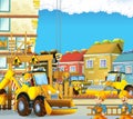 Cartoon scene with workers on construction site - builders doing different things