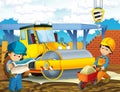 Cartoon scene with workers on construction site - builders doing different things