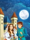 Cartoon scene with young and beautiful princess smiling during romantic night