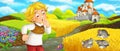 Cartoon scene - young boy farmer traveling to the castle on the hill watching wild birds flying by