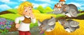 Cartoon scene - young boy farmer traveling to the castle on the hill watching wild birds flying by